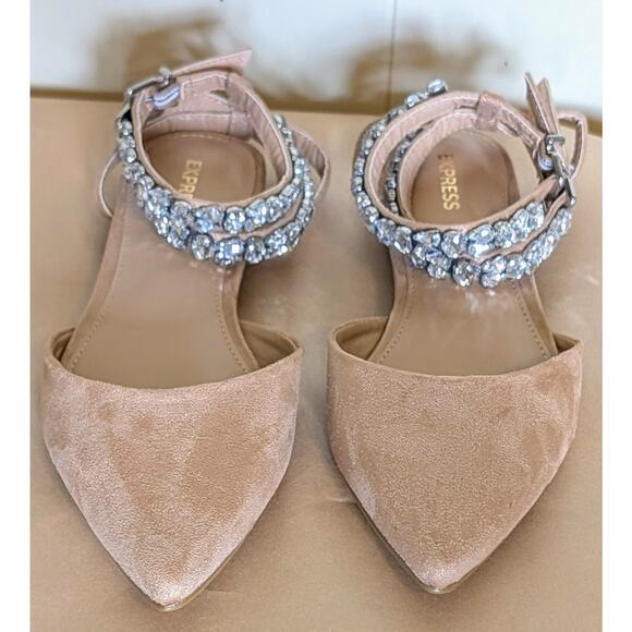 Women's Express Tan w/Rhinestone Embellished Double Ankle Straps Flat Size 7 - Picture 1 of 10